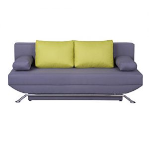 Schlafsofa Schlafcouch Sofa Couch LEVI, in grau mit grünen Kissen, Metallfüße in Chrom, 2-Sitzer, Schlaffunktion und Bettkasten