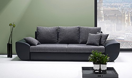 Big Sofa mit Schlaffunktion und Bettkasten in schwarz/grau. Rückenecht bezogen mit Wellenfederpolsterung, Maße: B/H/T ca. 272/90/96 cm