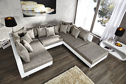 Großes Design Sofa LOFT XXL weiß grau Strukturstoff inklusive Hocker