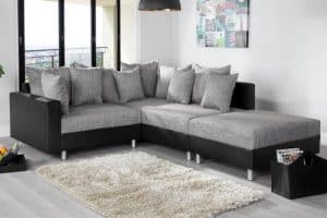 Design Ecksofa mit Hocker LOFT schwarz Strukturstoff grau Federkern OT beidseitig aufbaubar