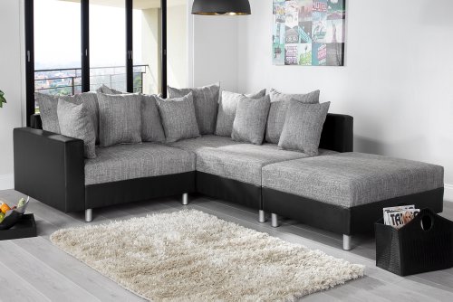 Design Ecksofa mit Hocker LOFT schwarz Strukturstoff grau Federkern OT beidseitig aufbaubar